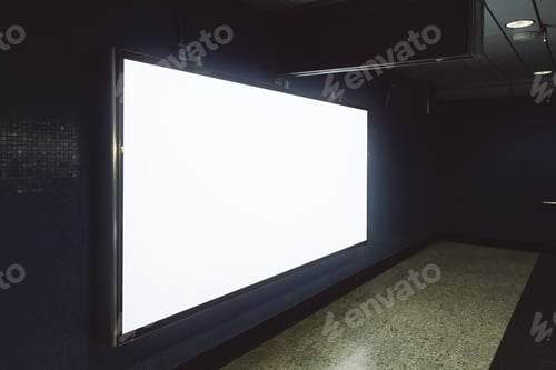 Preview: Side View Of Empty White Underground Banner On Tile Wall. Advertisement And Commercial Concept