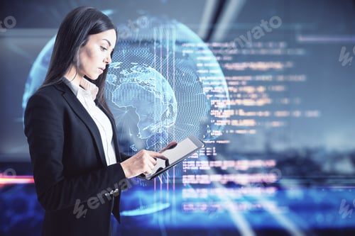 Preview: Online Programming Education Concept With Young Woman With Digital Tablet On Virtual Screen
