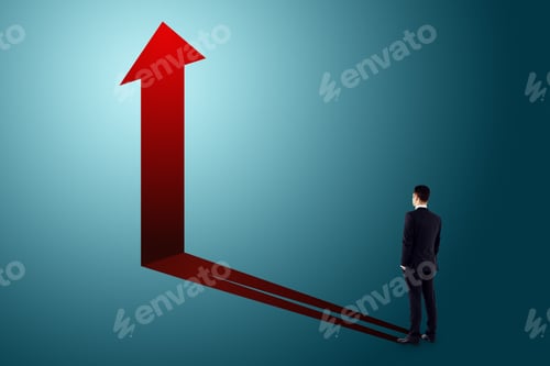 Preview: Thoughtful Young Businessman With Arrow Shadow On Blue Background. Growth And Career Concept