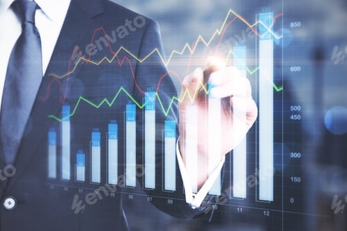 Preview: Businessman In Suit Drawing Business Report Interface On Virtual Screen. Business And Financial