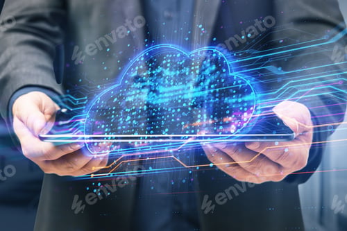 Preview: Close Up Of Businessman Hand Holding Tablet With Abstract Glowing Cloud Lines Hologram On Blurry