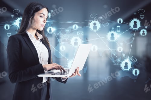 Preview: Business Social Network Worldwide Concept With Businesswoman Using Laptop At Digital Screen With