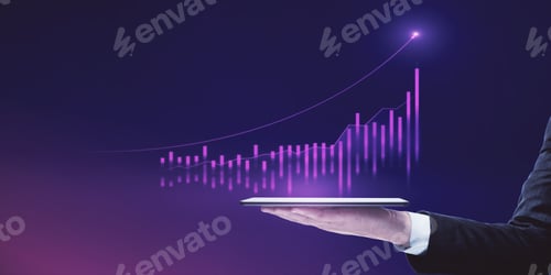 Preview: Close Up Of Businessman Hand Holding Tablet With Abstract Glowing Growing Global Business Chart On