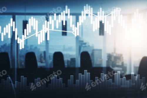 Preview: Modern Blurry Meeting Room With Equipment, City View And Forex Chart. Fund Management Concept