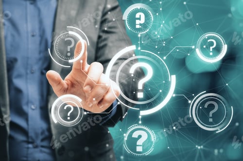 Preview: Close Up Of Male Hand Pointing At Abstract Glowing Question Marks Interface On Blurry Bokeh