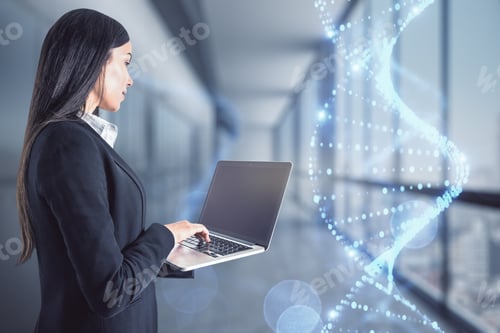 Preview: Portrait Of Attractive Businesswoman With Laptop And Glowing Dna Hologram Interface. Medicine And