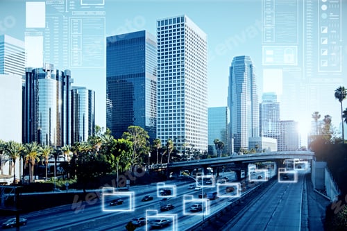 Preview: Creative Los Angeles Background With Digital Hologram. Future And Innovation Concept. Double