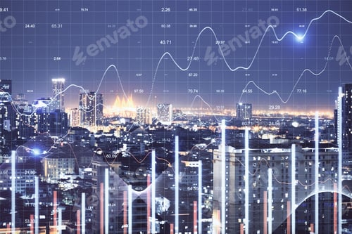 Preview: Stock Analytics Hologram On Night City Background. Business And Financial Success Concept.