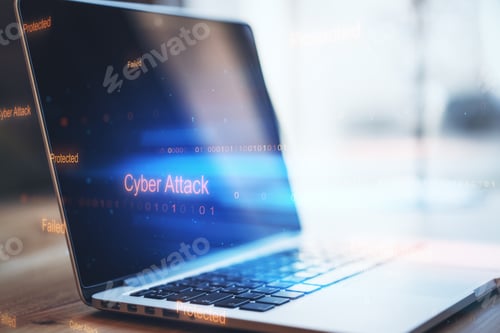 Preview: Close Up Of Notebook With Abstract Binary Code On Blurry Background. Cyber Attack And Hacking