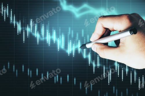 Preview: Hand With Pen Drawing Stock Market Crash Statistics Hologram On Screen. Business And Financial