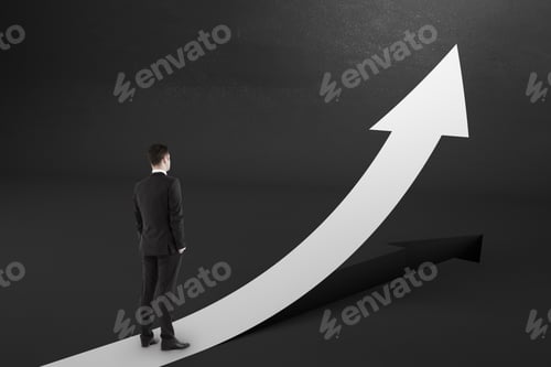 Preview: Personal Growth Concept With Businessman Looking At White Upward Road-Arrow At Black Background.