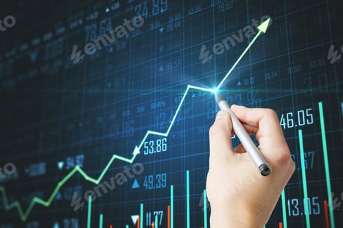 Preview: Hand Drawing Glowing Blue Forex Chart On Dark Background. Trade And Analysis Concept. Multiexposure