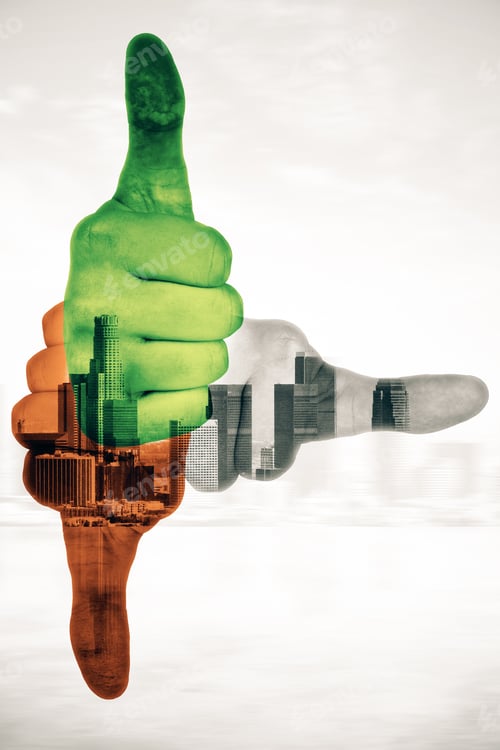 Preview: Three Colorful Hands Showing Thumbs Up And Pointing To Different Directions On Abstract City