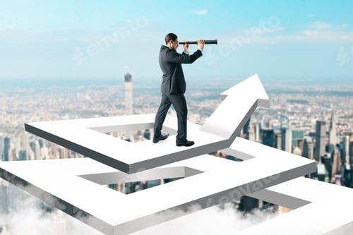 Preview: Businessman On Abstract White Arrow Maze Using Binoculars To Look Into The Distance On City