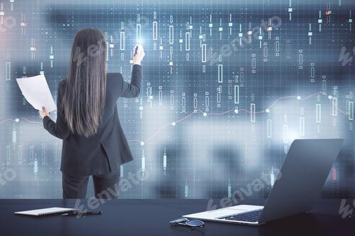 Vista previa: Businesswoman Drawing Financial Analytics Interface On Virtual Screen. Trade And Business Analysis