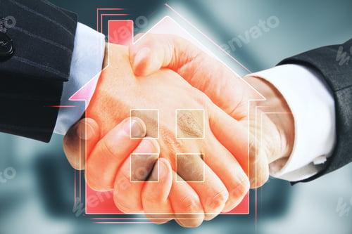Preview: Handshake With Digital House Icon On Blurry Background. Real Estate And Teamwork Concept. Double