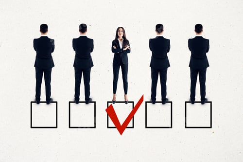 Preview: Row Of Businessmen And Woman On Subtle White Background With One Red Tick In Box. Talent Search And
