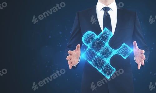 Preview: Businessman Holding Glowing Blue Puzzle On Blurry Background. Future And Innovation Concept