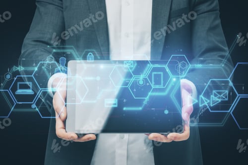 Preview: Businessman Holding Tablet With Abstract Digital Business Interface. Innovation And Technology