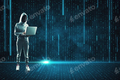 Preview: Young Hacker With Laptop Standing On Abstract Glowing Binary Code Background. Hacking And Malware