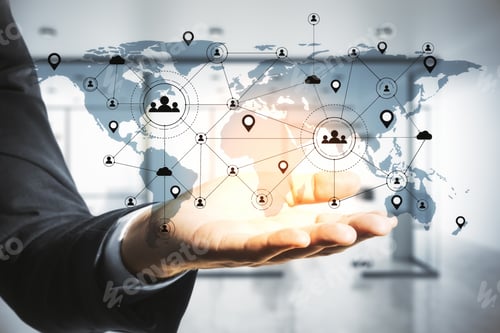 Preview: Businessman Hand Holding Remote Work Interface On Blue World Map. Remote Access Chain Communication