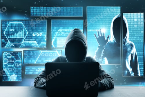 Preview: Hacking And Attack Concept. Hacker Using Abstract Laptop With Binary Code Digital Interface. Double