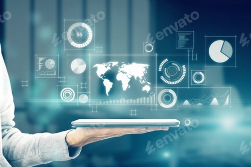 Preview: Close Up Of Businessman Hand Holding Tablet With Abstract Digital Business Interface On Blurry