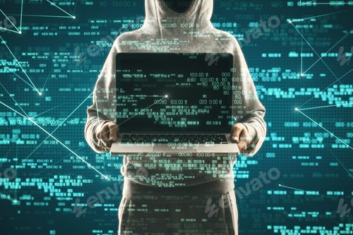 Preview: Hacker Holding Laptop With Abstract Blue Digital Number Interface. Cyberspace And Hacking Concept