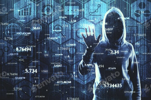 Preview: Hacker With Abstract Big Data Interface On Blurry Background. Software And Hacking Concept. Double