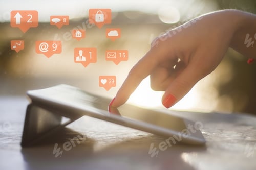 Preview: Social Media And Marketing Virtual Orange Icons Screen Concept With Hand And Digital Tablet At