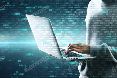 Preview: Technology And Hacking Concept. Hacker Using Laptop With Digital Business Interface. Double Exposure