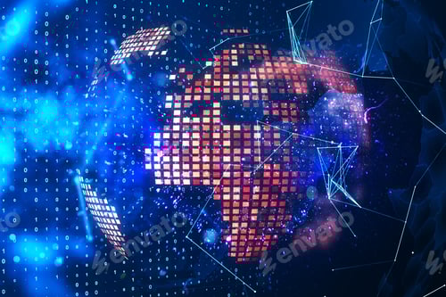 Preview: Glowing Pixel World Map On Virtual Screen. Innovation And Global Data Concept. 3D Rendering