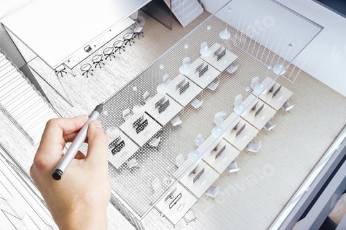 Preview: Top View Of Hand Drawing Coworking Office Interior With Computers, Furniture And Stairs. Workplace