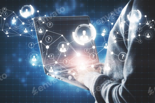 Preview: Hacking And Phishing Concept. Hacker With Digital Business Interface On Blurry Background. Double