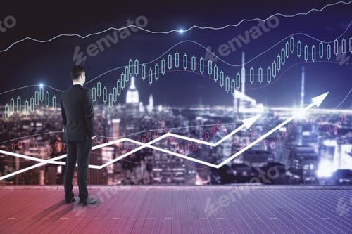 Preview: Young Businessman On Pier Looking At Night City With Forex Chart. Finance Concept