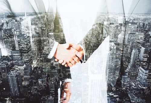 Preview: Double Explosure With Businessmen Shaking Hands And Night City View