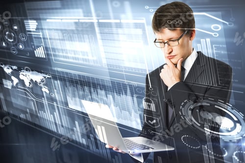 Preview: Businessman Using Laptop With Digital Business Interface. Future, Innovation And Technology