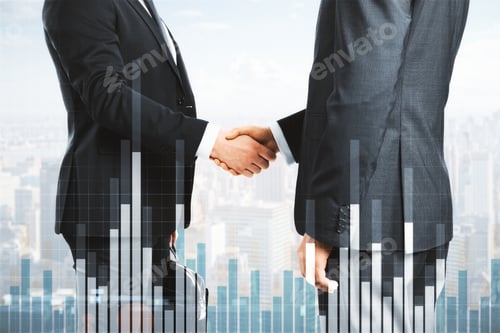 Preview: Handshake On Blurry Bright City Background With Forex Chart. Analysis, Finance And Teamwork