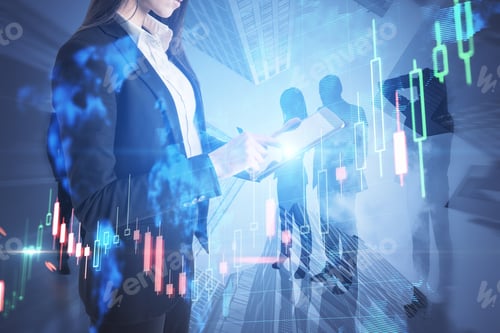 Preview: Business People Working Together On Abstract City Background With Forex Chart. Teamwork, Trade