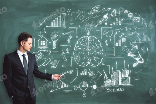 Preview: Handsome Caucasian Businessman Drawing Business Brain Sketch On Chalkboard Background. Brainstorm
