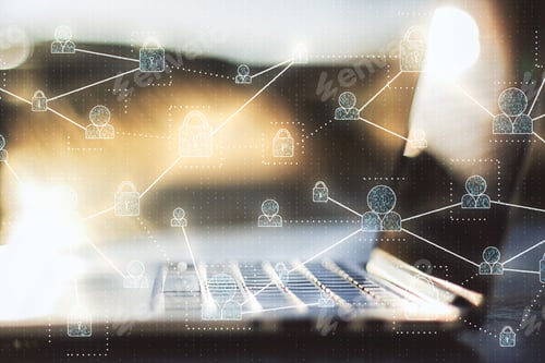 Preview: Close Of Laptop With Digital Business Interface On Blurry Background. Computing And Communication