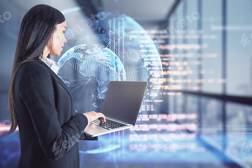 Preview: Coding And Big Data Concept With Businesswoman Typing On Laptop Keyboard And Digital Screen With
