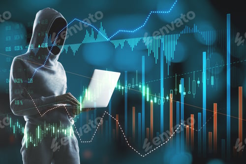Preview: Hacker Using Laptop Computer With Creative Glowing Forex Graph On Blurry Bokeh Background. Market