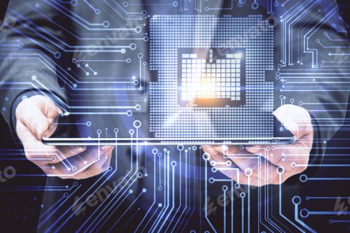 Preview: Businessman Hands Holding Digital Tablet With Circuit Hologram. Technology And Computing Concept