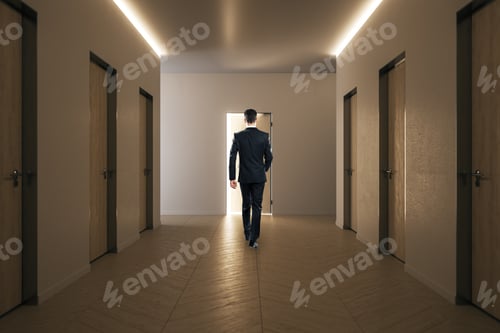 Preview: Businessman Walking In Hall Interior With Closed Doors. Design And Style Concept.