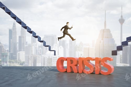 Preview: Financial Crisis And Risk Management Concept With Businessman In Black Suit Jumping From Stairs