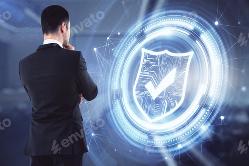 Preview: Safety And Protection Concept. Portrait Of Attractive Young European Businessman With Glowing