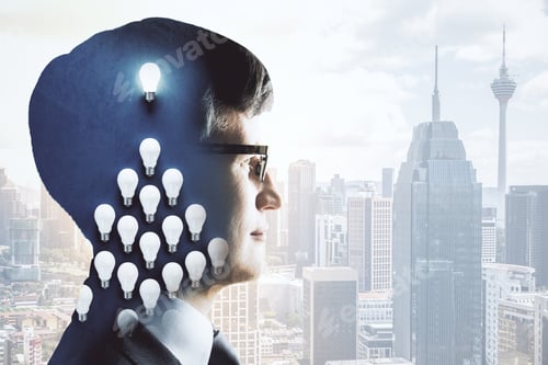 Preview: Silhouette Of A Businessman'S Head With Light Bulbs On City Background. Success And Startup Concept.