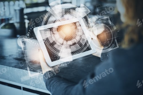 Preview: Woman Using Tablet Computer With Digital Business Hologram. Technology Concept. Double Exposure