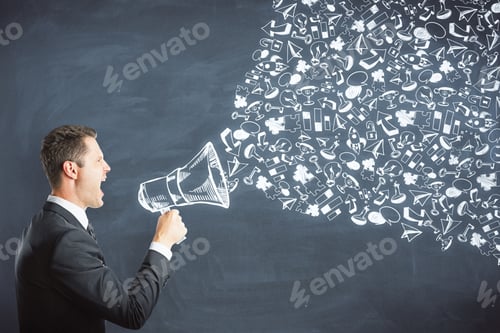 Preview: Businessman Screaming Into Drawn Megaphone On Chalkboard Background With Business Sketch. Voice And